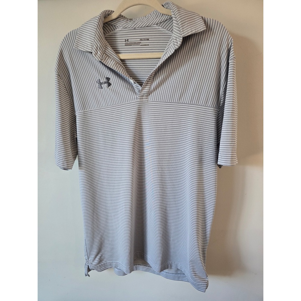 Under Armour Mens HeatGear Striped Polo Shirt Grey White Loose Fit Small